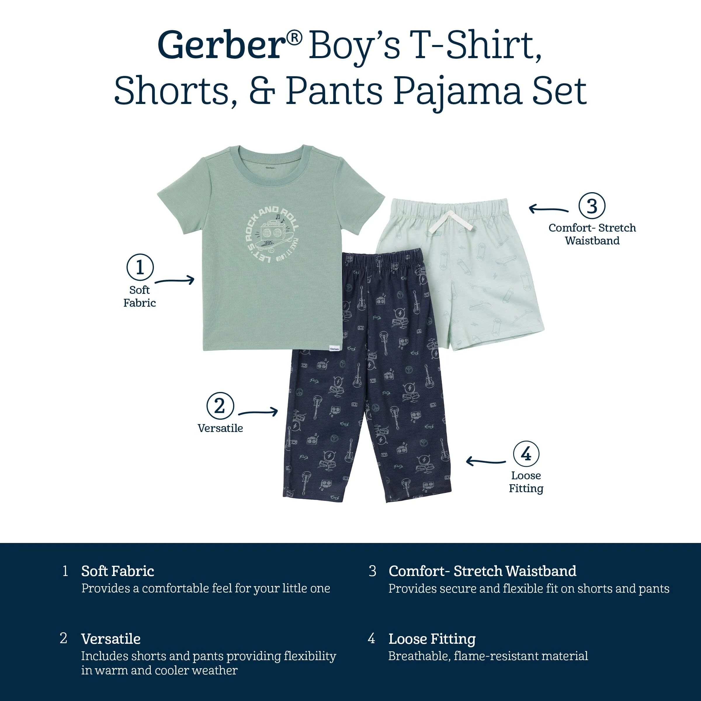 3-Piece Toddler Boys Rock & Roll T-Shirt, Shorts & Pants Pajama Set