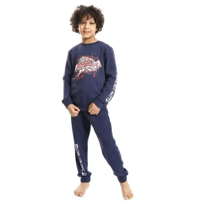 Boys' Winter Pajama Set - Cozy Printed Crew Neck Shirt and Navy Blue Pants - White