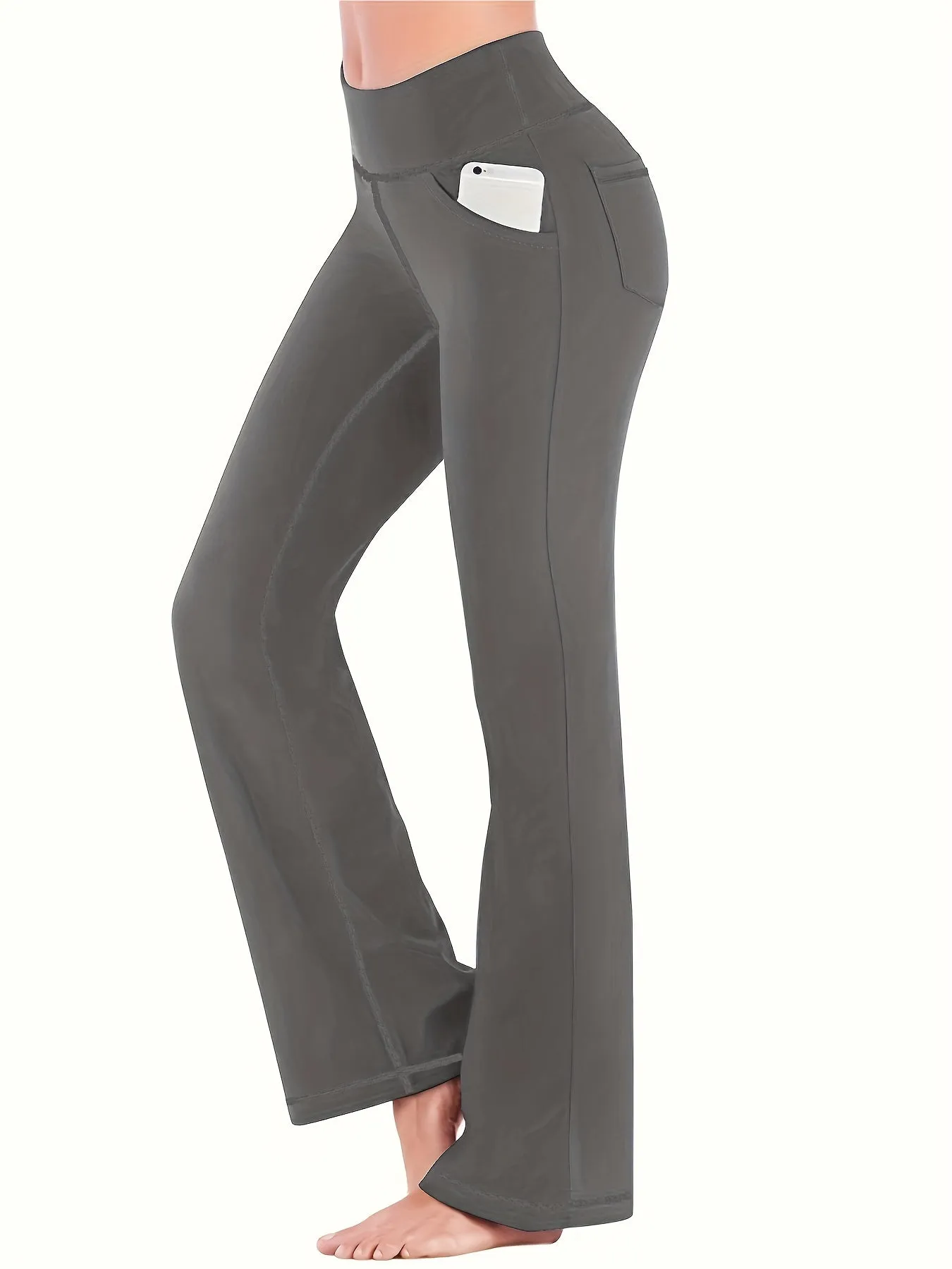 Curve Comfort Women's Plus Solid High Rise Flared Leg Yoga Pants with Convenient Phone Pockets