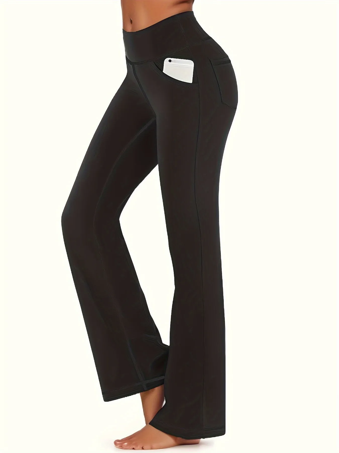 Curve Comfort Women's Plus Solid High Rise Flared Leg Yoga Pants with Convenient Phone Pockets