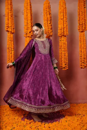 Mulberry Purple Traditional Printed Spanish Silk Anarkali Set