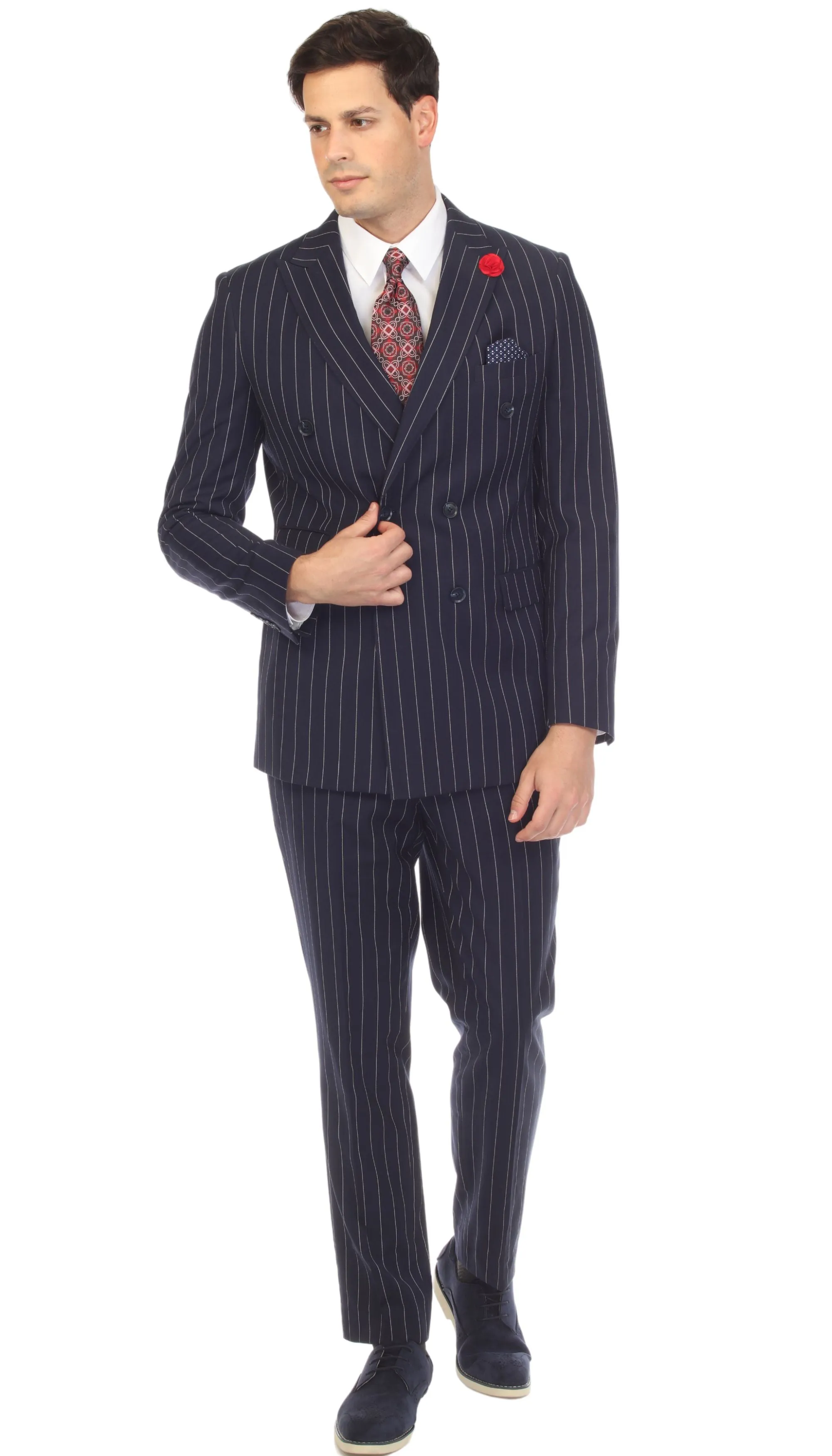 Newbury Navy White Mens 6 Button Slim Peak Lapel Suit With Double Breasted Suit Pick Stitching Ticket Pocket.