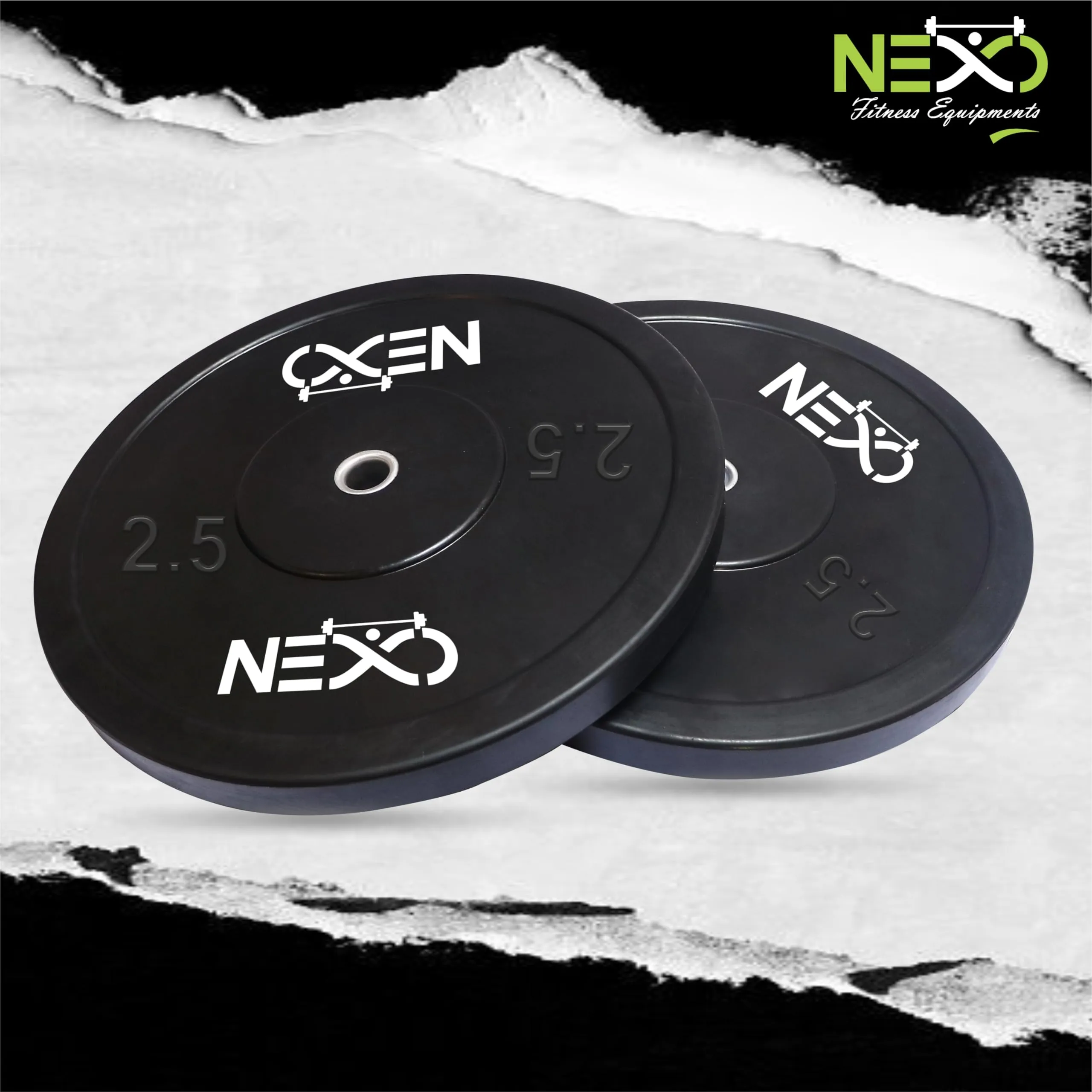 NEXO Black Olympic Professional Bumper Exercise Rubber Plates | Gym Weight Dumbbell Plates | Home gym equipment for Men & Women | 28mm Olympic Barbell | 5kg set of 2 Plates (2.5kg x 2)