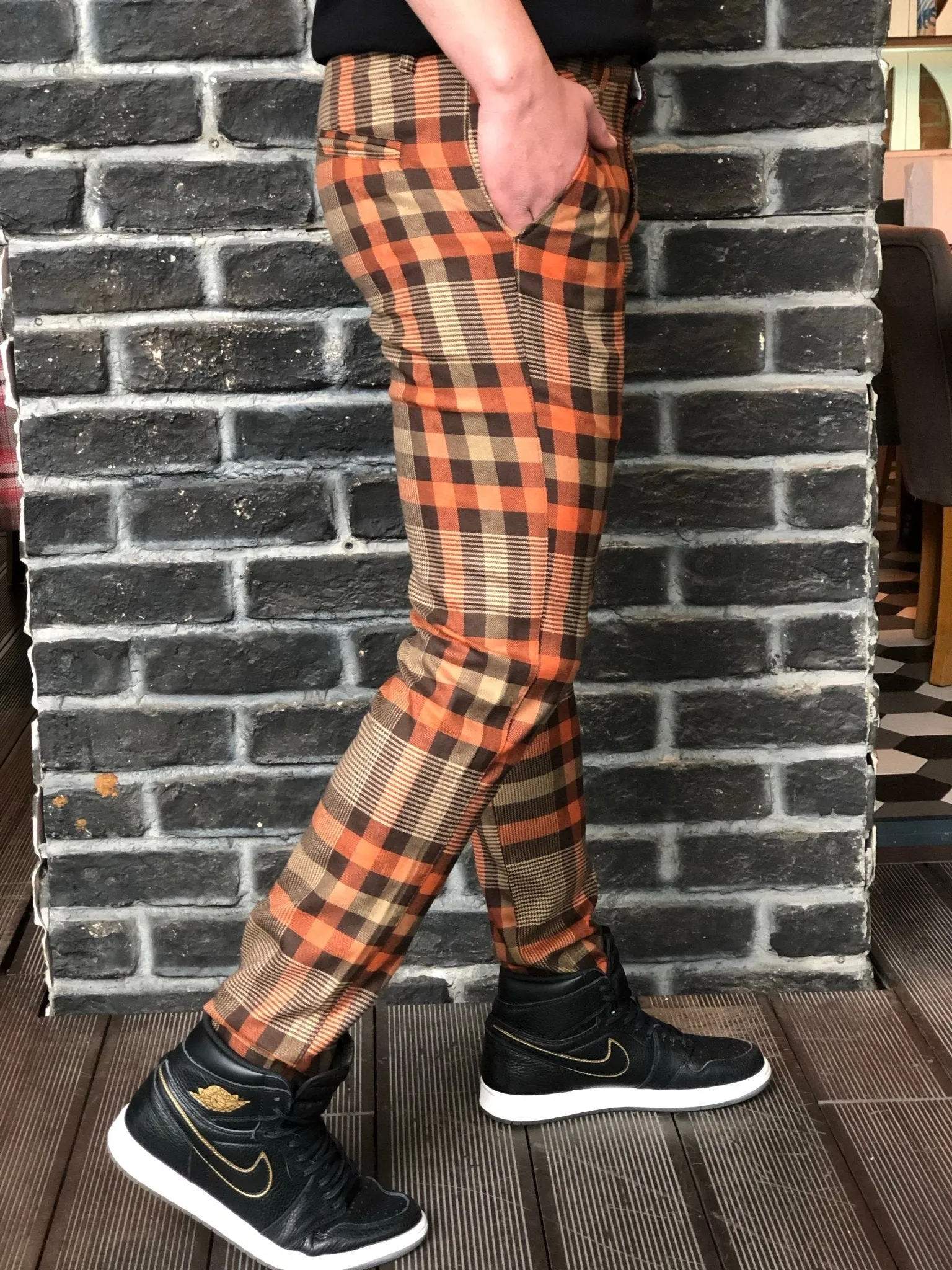 Orange Brown Mixed Colour Checkered Slim Fit Casual Pant DJ125 Streetwear Pant