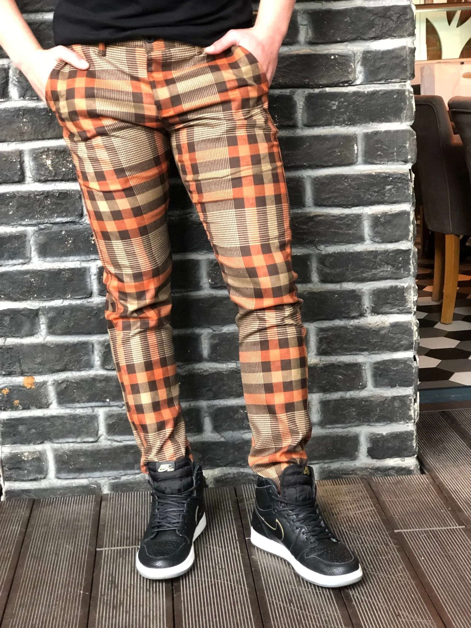 Orange Brown Mixed Colour Checkered Slim Fit Casual Pant DJ125 Streetwear Pant