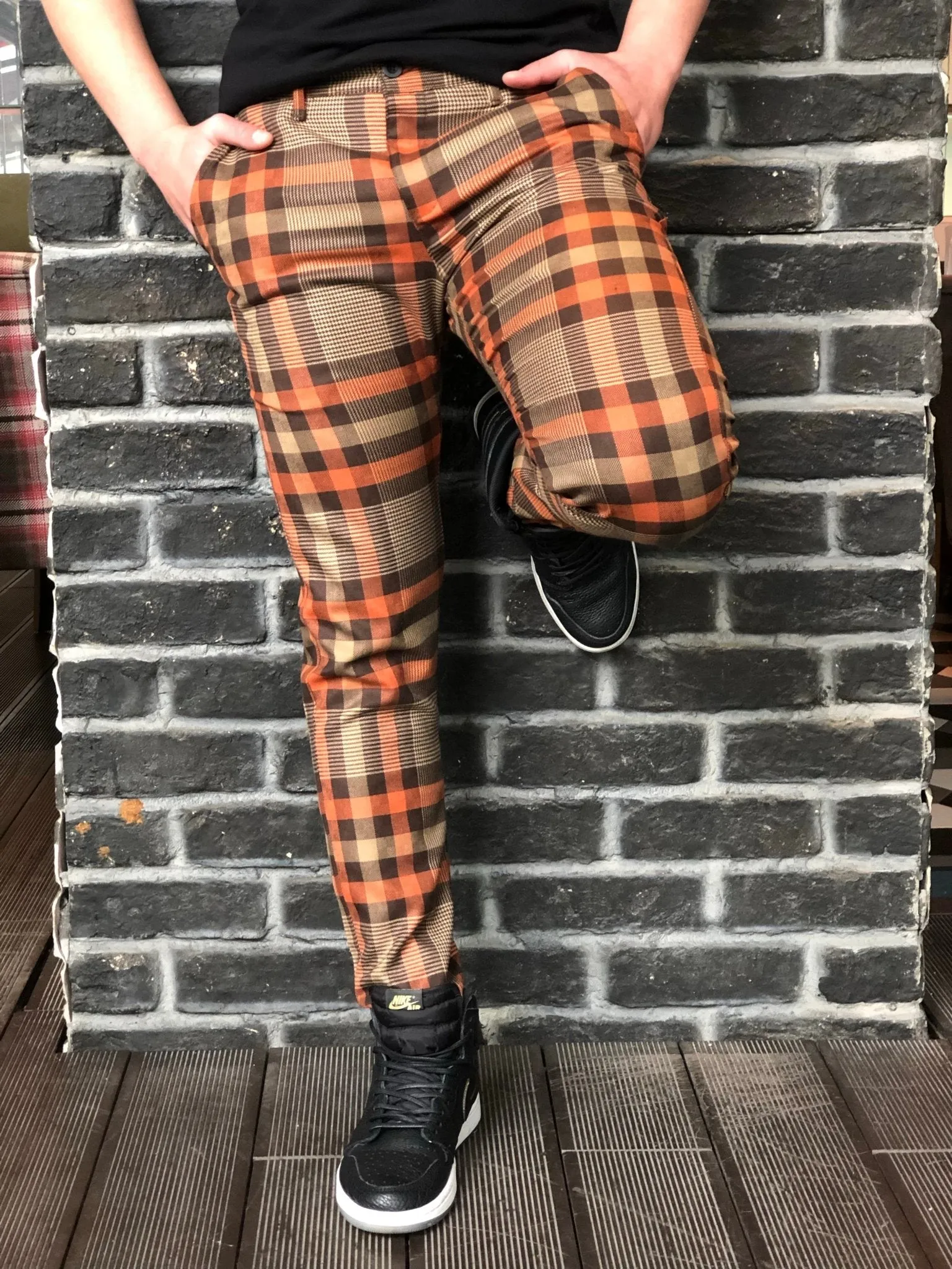 Orange Brown Mixed Colour Checkered Slim Fit Casual Pant DJ125 Streetwear Pant