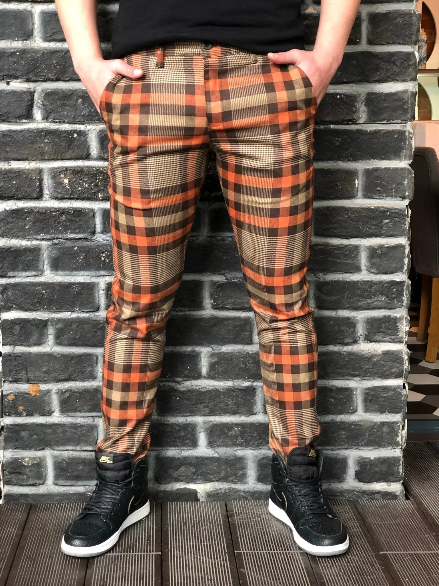 Orange Brown Mixed Colour Checkered Slim Fit Casual Pant DJ125 Streetwear Pant