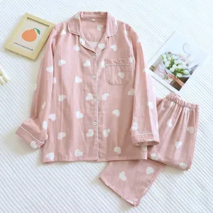 Sweet Heart Long Sleeves and Pants Cotton Pajama Set / Pink