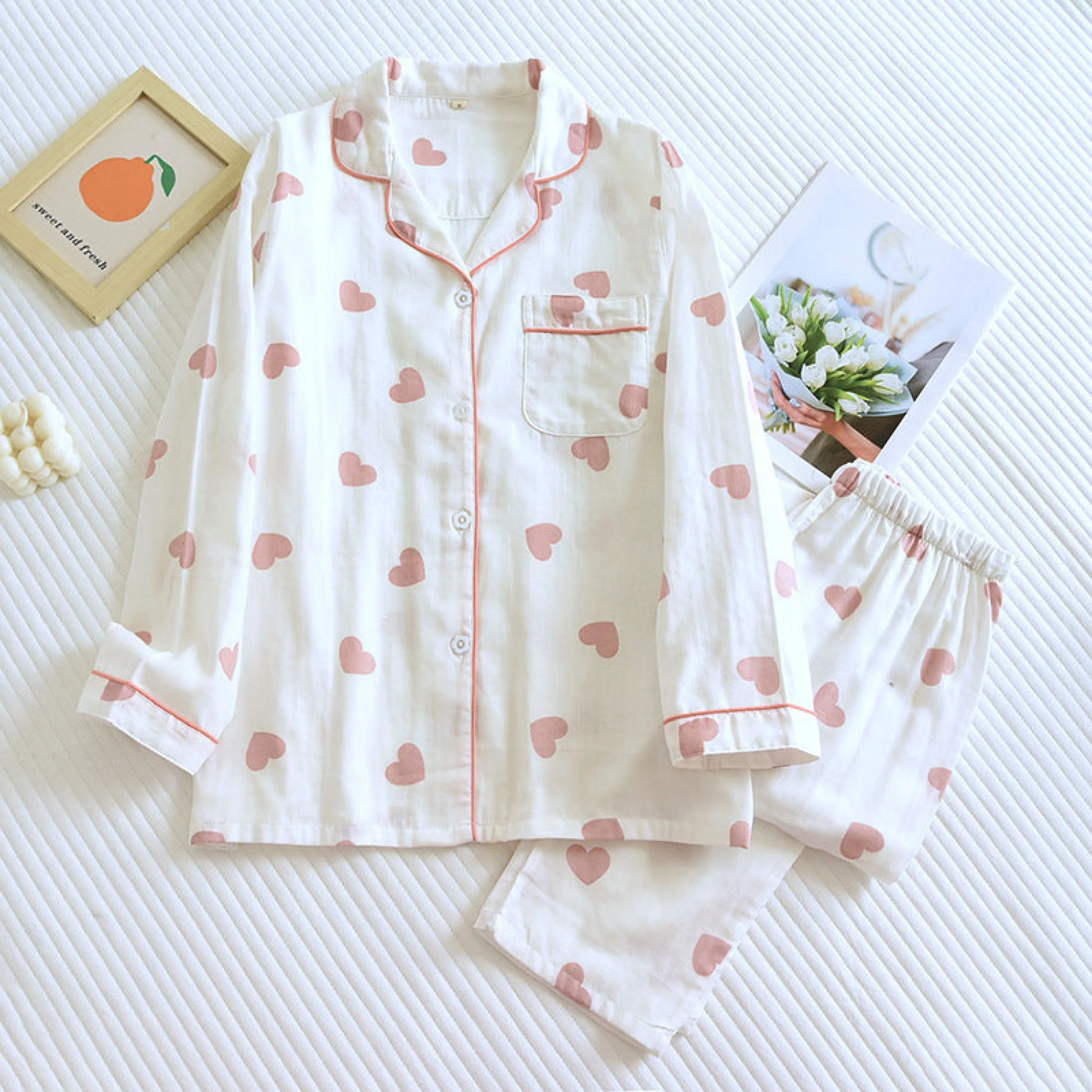 Sweet Heart Long Sleeves and Pants Cotton Pajama Set / White