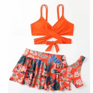 Women's Floral Print High Waist Swimming Pants, Swimming Skirt and Backless Top Three-piece Set